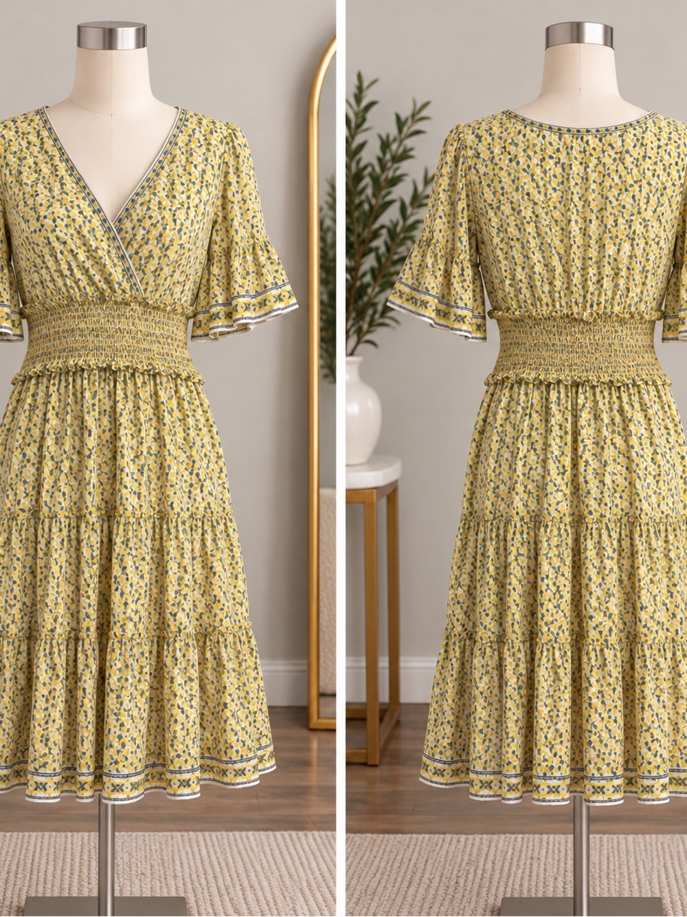 Title: Max Studio Yellow Floral Smocked Waist Dress Size S